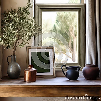 Elegant Mediterranean home interior. Summer home still life created with Generative AI Stock Photo