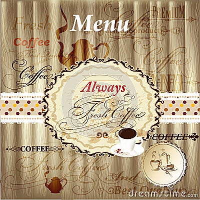 Elegant menu design with coffee elements on wood texture in vintage style Stock Photo