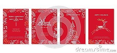 Elegant Merry Christmas and Happy New Year Set of greeting cards, posters, holiday covers Cartoon Illustration