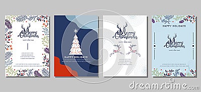 Elegant Merry Christmas and Happy New Year Set of greeting cards, posters, holiday covers Cartoon Illustration