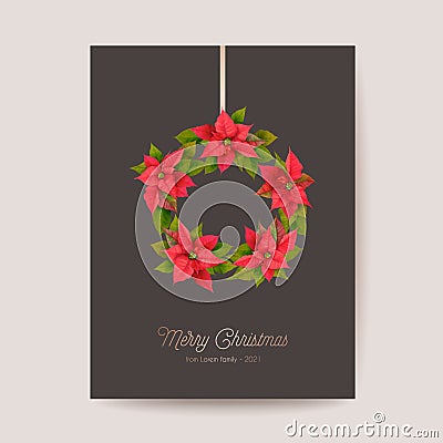 Elegant Merry Christmas and New Year Card with Poinsettia Realistic Flowers, Floral Wreath Vector Illustration