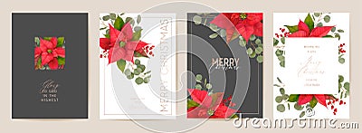 Elegant Merry Christmas and New Year Cards Set with Poinsettia Realistic Flowers, Mistletoe Vector Illustration