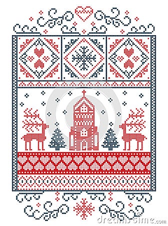 Elegant Merry Christmas Scandinavian, Nordic style winter pattern including snowflake, heart, reindeer, christmas tree, snow, snow Vector Illustration