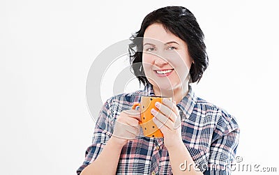 Elegant middle brunette holds tasty drink on white background Stock Photo