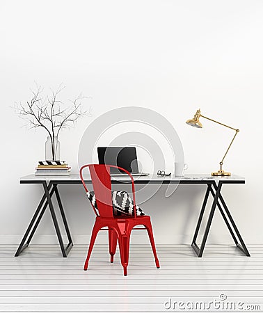 Elegant minimal white home office with red chair Stock Photo