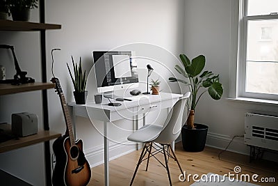 Elegant Minimalist Home Office with Desk and Accessories Stock Photo