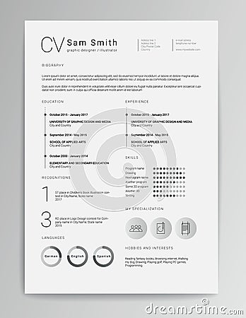 Elegant minimalistic modern vector resume or CV template designed on A4 page, easy to edit Vector Illustration