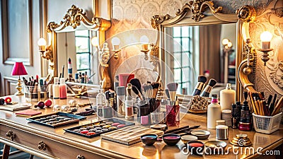 Elegant Vanity Table With Large Mirrors, Bright Lights, And Lots Of Makeup Products And Brushes Stock Photo
