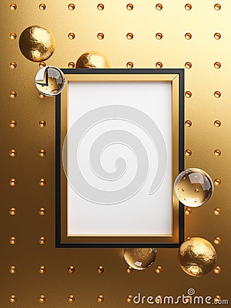 Elegant Mock Up Poster Gold Frame Template. Glass Golden Bubbles 3D Rendering. Gold Background Stock Photo