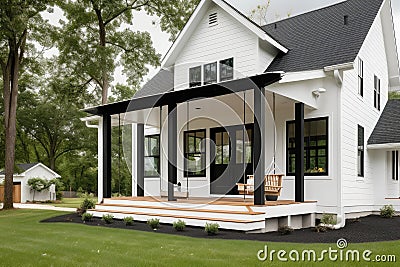 elegant and modern farmhouse exterior with black siding, white trim, and a porch swing Stock Photo