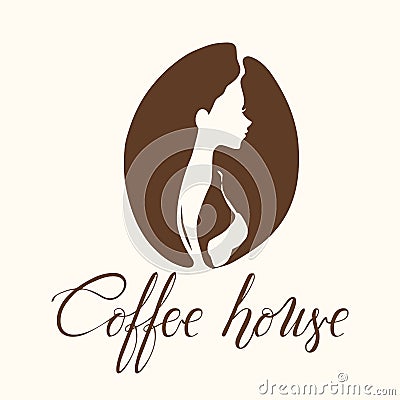 Logo with profile of woman and coffee beans for coffee shop, coffee point or cafe Vector Illustration