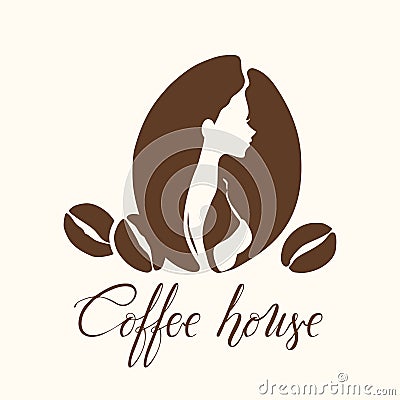 Logo with profile of woman and coffee beans for coffee shop, coffee point or cafe Vector Illustration