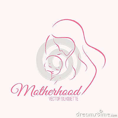 Elegant mother and baby silhouette in a linear sketch style Vector Illustration