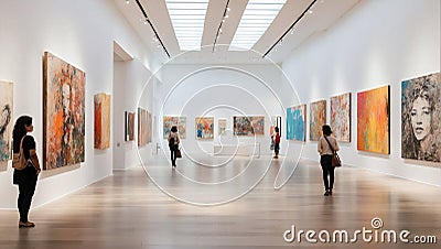 Elegant museum interior with stunning white walls and ceiling-high windows filled with variety of art pieces Stock Photo
