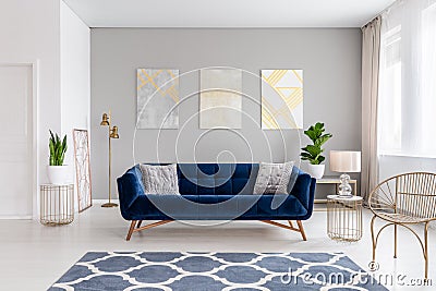 An elegant navy blue sofa in the middle of a bright living room interior with gold metal side tables and three paintings on a gray Stock Photo