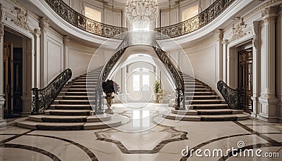 Elegant neo classical architecture with marble staircase and decorative arches generated by AI Stock Photo