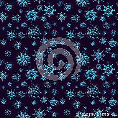 Elegant neon blue snowflakes of various styles Vector Illustration