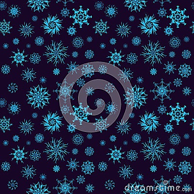 Elegant neon blue snowflakes of various styles isolated on dark background Stock Photo