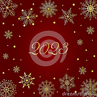 Elegant New Years Christmas greeting card with gold snowflake round frame with copy space on dark red background Vector Illustration