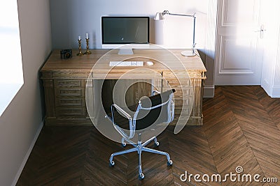 Elegant office cabinet with a leather chair and parquet. 3d rend Stock Photo