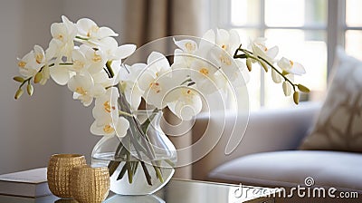 Elegant Orchid Arrangement With Blooming Lilies For Serene Living Space Stock Photo