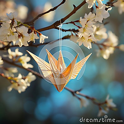 Elegant Origami Birdhanging on tree with cherry blossom Stock Photo