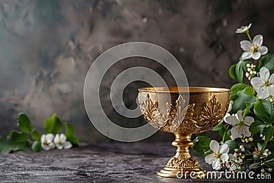 Elegant Ornate Golden Chalice with White Flowers on a Dark Textured Background. Stock Photo