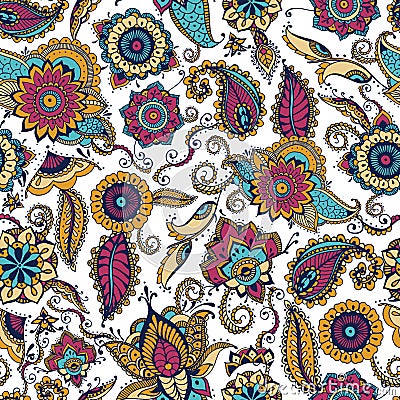 Elegant paisley seamless pattern with colorful Indian buta motif and floral mehndi elements on white background. Motley Vector Illustration