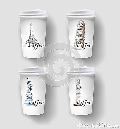 Elegant paper coffee cup design, takeaway cup packaging set with labels. Vector Illustration