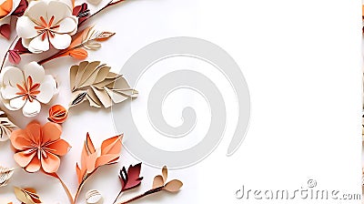 Elegant paper flowers and leaves on a pure white background. Generative AI Stock Photo