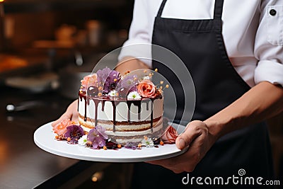 Elegant pastry mastery hands cradle a divine mousse cake Stock Photo
