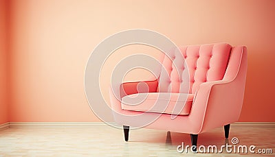 Elegant peach pink armchair in a minimalist room with a soft hued orange wall and light wooden flooring Stock Photo