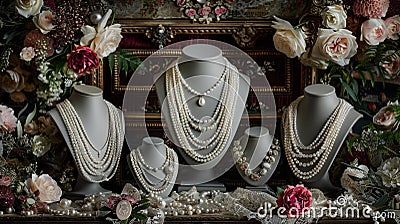 Elegant Pearl Jewelry Display with Floral Accents on Luxurious Background Stock Photo