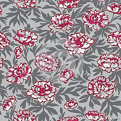 Elegant Peonies Drawing Seamless Pattern on Gray Background Vector Illustration