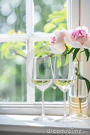 Elegant Peonies and Sparkling Wine Glasses by a Sunny Window Sill Stock Photo