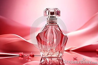 Elegant perfume bottle, pink background. Modern luxury parfum de toilette Stock Photo