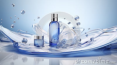 Elegant Perfume and Cream Jars Amidst Dynamic Water Splashes Stock Photo