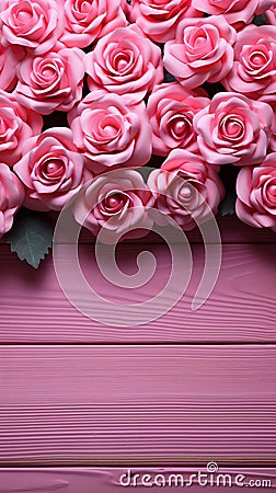 Elegant pink roses form a charming frame against a pink wooden backdrop Stock Photo