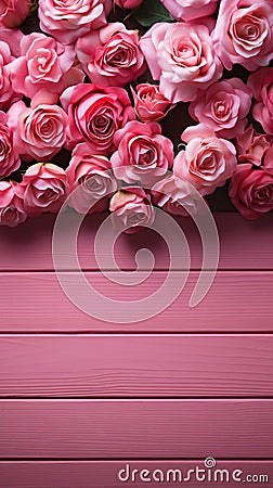 Elegant pink roses form a charming frame against a pink wooden backdrop Stock Photo