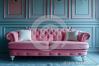 Concept Pink Sofa, Interior Design, Minimalist Elegant Pink Sofa in BluePink Minimalist Interior Stock Photo