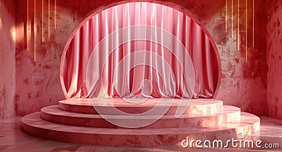 Elegant Pink Velvet Stage With Circular Archway and Draped Curtains in Theater Stock Photo