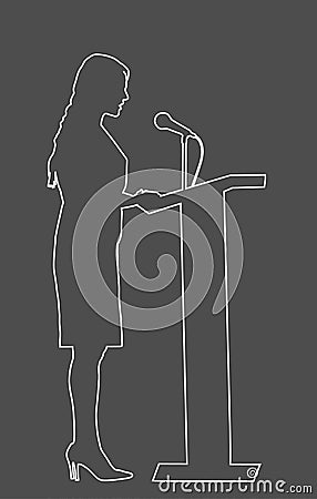 Elegant politician woman speech at election meeting campaign vector contour line silhouette. Vector Illustration