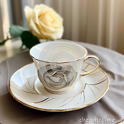 Elegant porcelain teacup and saucer on the table, chinese bone porcelain. Generative AI Stock Photo
