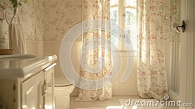 An elegant powder room with walls lined in a two-color floral study wallpaper, a soft-edged floral pattern on the shower Stock Photo