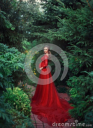 An elegant, pregnant woman walks in a beautiful garden in a luxurious, expensive red dress with a long train. Artistic Stock Photo