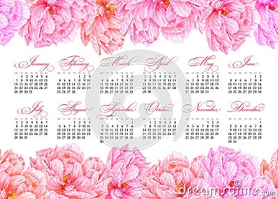Elegant printable calendar 2019. Watercolor pink peony. Botanical art. Template for a banner, poster, notebook Stock Photo