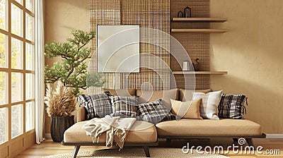 Elegant and quiet bohemian room with cozy interior, wicker chair, . Generative Ai Stock Photo