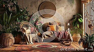 Elegant and quiet bohemian room with cozy interior, wicker chair, pillows, cushions. AI Generative Stock Photo