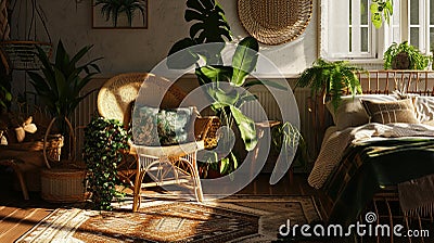 Elegant and quiet bohemian room with cozy interior, wicker chair, pillows, cushions. AI Generative Stock Photo
