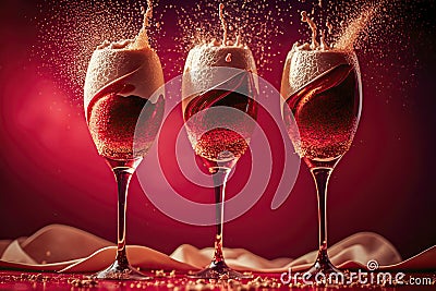 Elegant Red Celebration: Three Sparkling Champagne Glasses Toasting to Festive Bubbles of Joy, ai generative Stock Photo